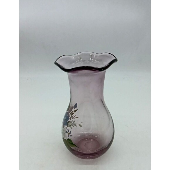 Vintage Fenton Amethyst Purple Glass Floral Hand Painted Vase - Picture 2 of 7